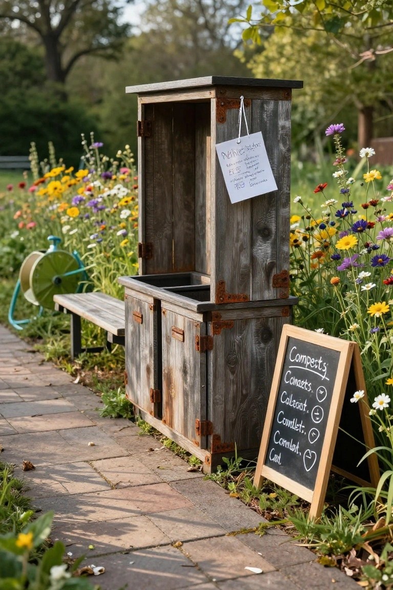 Rustic wooden cabinet with open top bins and lower doors used as a compost station in a colorful flower garden, next to a bench, hose reel, chalkboard sign, and paper note.