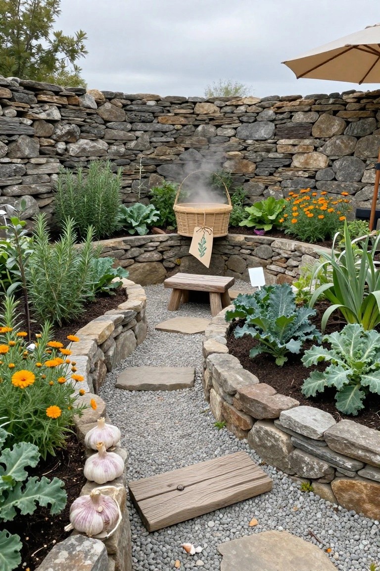 Curved gravel path through raised stone garden beds planted with rosemary, kale, chard, marigolds, and garlic bulbs, with a steaming wooden basket on a platform beside a low wooden bench, enclosed by dry-stacked stone walls.