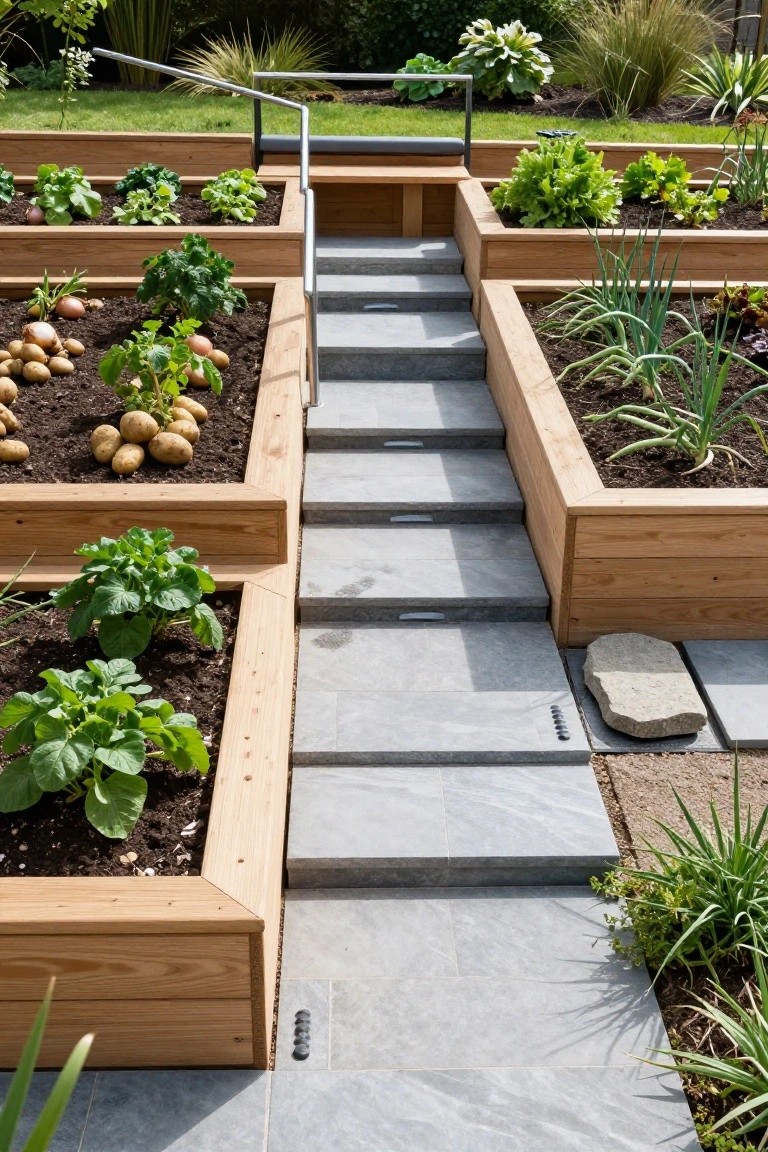 Wooden raised garden beds with stairs and metal handrails.