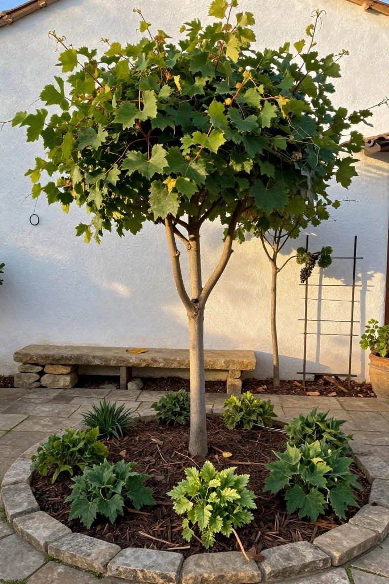 Small grapevine tree with lobed leaves and trunk in a circular stone-edged bed filled with bark mulch and low green plants, beside a stone bench against a white wall with metal grape trellis and hanging grapes.