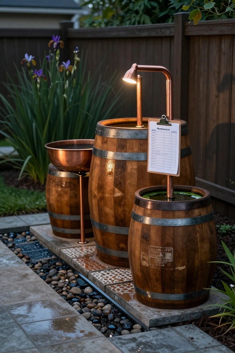 Three wooden whiskey barrels on a stone and gravel backyard patio, with a copper basin on a stand next to one barrel, a clipboard labeled fermentation log clipped to another, a copper pipe lamp fixture over a barrel planter with green water, purple iris plants nearby, and a wooden fence in the background.