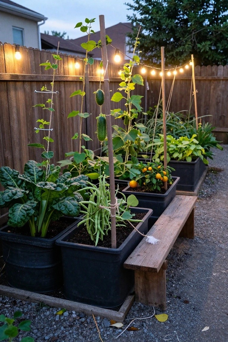 Backyard setup with black containers of swiss chard, beans on vertical poles, hanging cucumbers, kumquat bushes, and other plants along a wooden fence with string lights and a nearby bench on gravel ground.