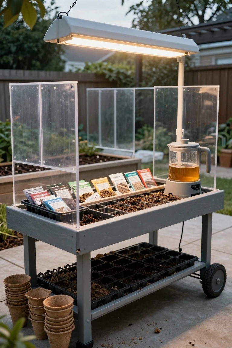 Gray wooden wheeled cart holding black seed trays filled with soil, colorful seed packets, clear plastic panels forming enclosure, overhead fluorescent grow light, and a glass tea brewer with amber liquid in a backyard near raised garden beds.