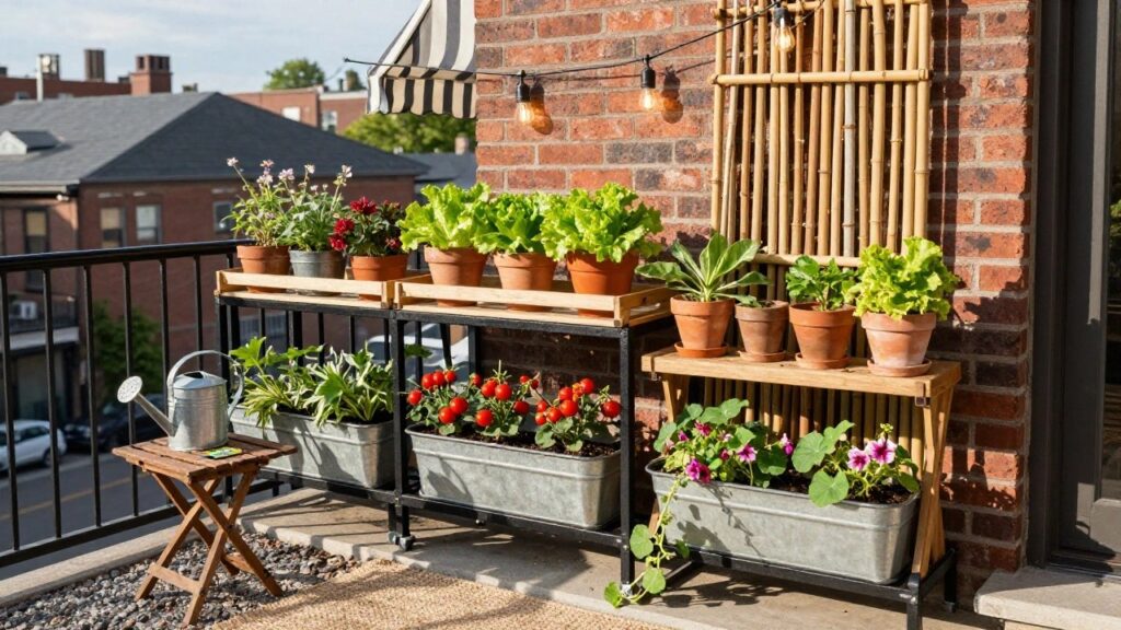 16 Clever Small Vegetable Garden Ideas for Tight Outdoor Spaces Balcony with wooden tiered plant stand holding pots of lettuce, tomatoes in metal buckets, and other plants, plus a small table, watering can, string lights, and city street view below.