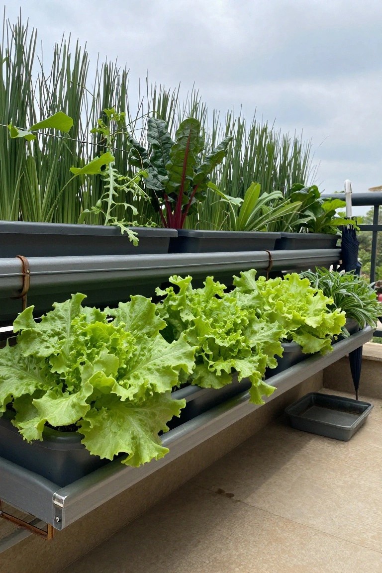 Tiered gray planters mounted on a balcony railing filled with lettuce, Swiss chard, herbs, and tall green reeds, with an umbrella and shallow tray nearby on the tiled floor.