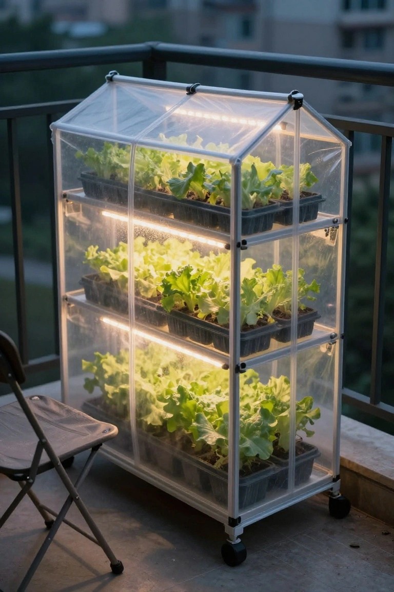 Wheeled transparent multi-tiered greenhouse on a balcony railing growing young lettuce plants in black trays under LED strip lights, with a folding chair nearby and urban buildings in the background.