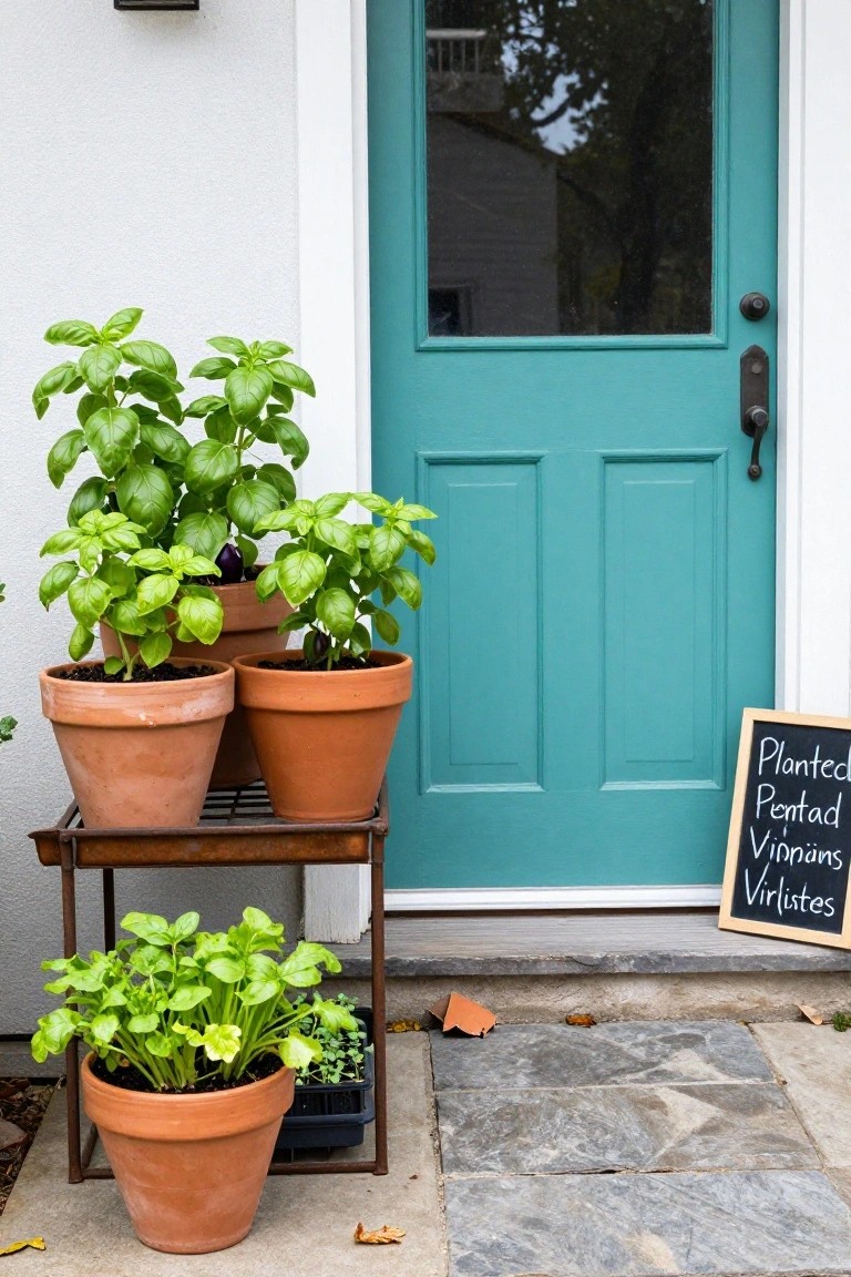 Turquoise front door with white trim next to a black metal tiered stand holding terracotta pots of basil and other green plants, plus a ground-level pot and blackboard sign on stone steps.