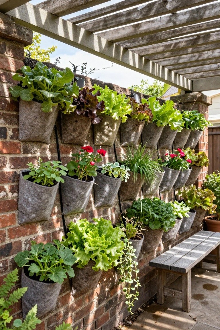 Brick wall with rows of hanging gray felt pots filled with leafy greens, lettuce, herbs, and small flowers, under a wooden pergola and beside a wooden bench on a paved area.