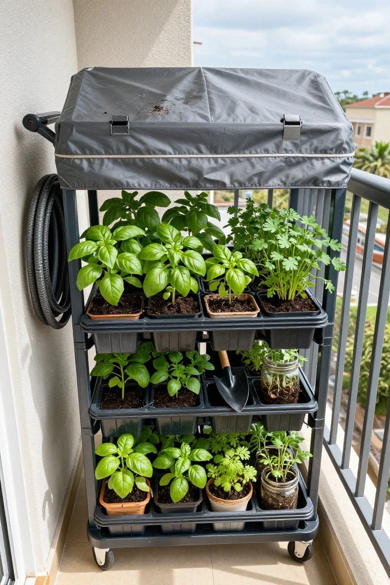 Black four-tier wheeled shelving cart on a balcony filled with potted basil plants, parsley, seedlings in trays, and jars, covered by a gray canopy with a coiled hose attached to the frame.