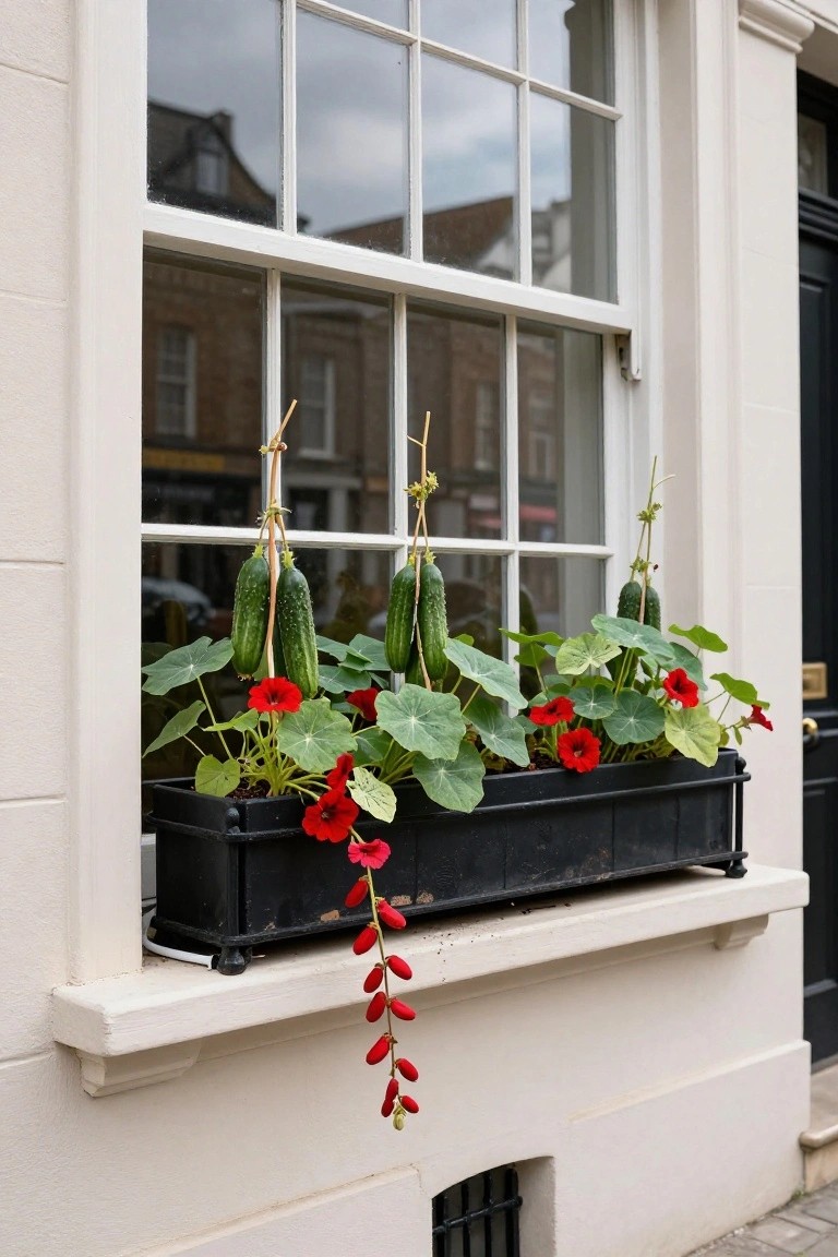 Black window box planter on a white house exterior window sill overflowing with red nasturtium flowers, green cucumber vines and fruits hanging down, and large leaves, beside a black front door.