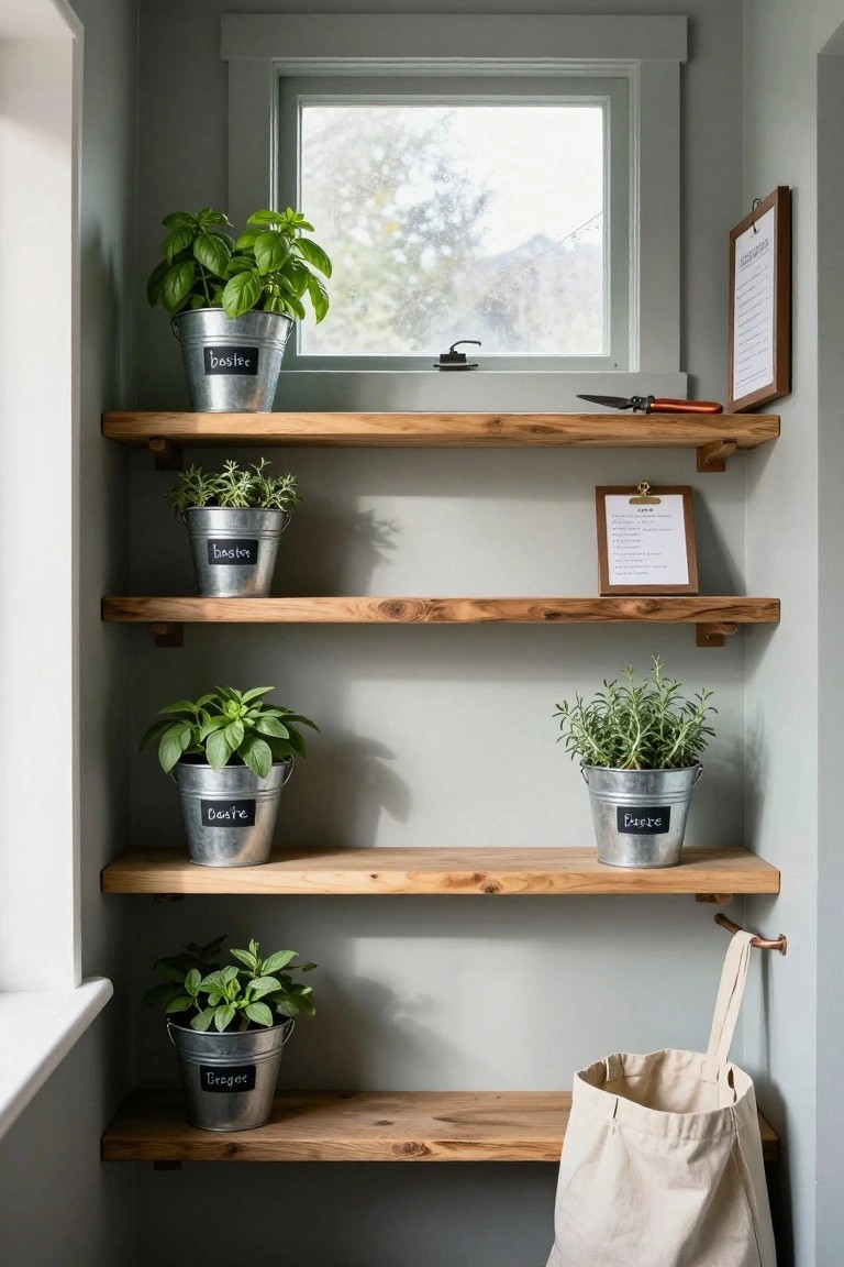 Corner indoor shelving unit made of rough wood with four levels holding galvanized metal buckets planted with herbs labeled basil, thyme, and oregano, positioned next to a window with a clipboard, pruning shears, and hanging cloth bag.