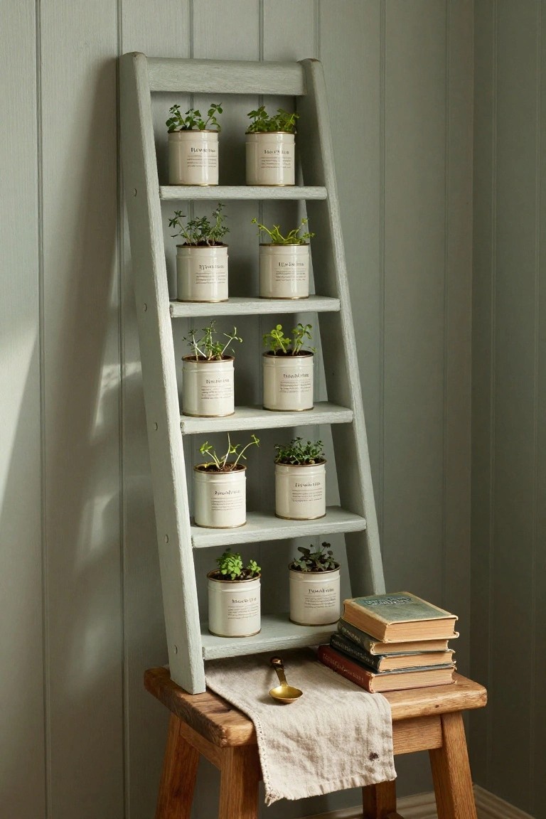 A light blue wooden ladder shelf holds several white ceramic pots filled with green herbs arranged on its rungs against a paneled wall, with a wooden stool holding books at the bottom.