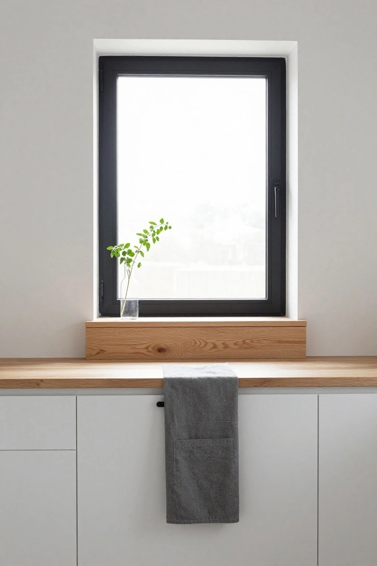 Kitchen counter with oak top and white cabinets below a black-framed window, wooden sill holding a glass vase with green herb sprig, gray towel draped over counter edge.