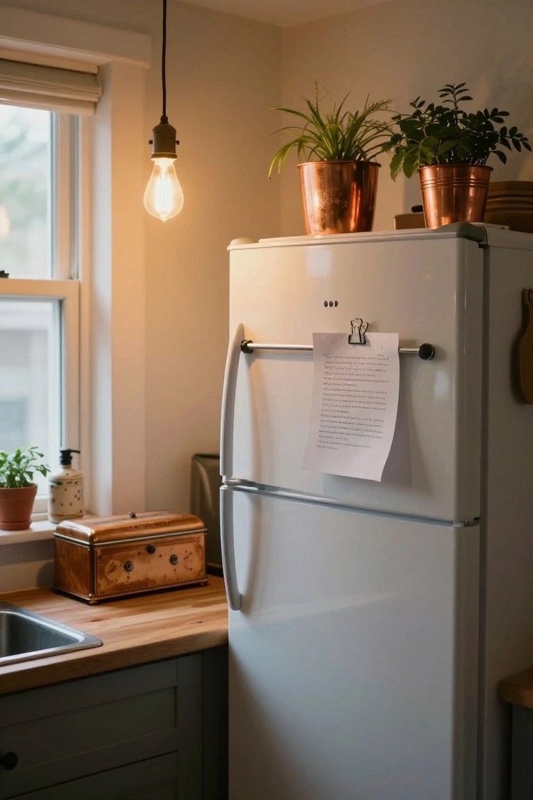 White refrigerator in cozy kitchen with copper pots of plants on top, clipped note on handle, wooden counter, sink, and potted plants on windowsill and counter.