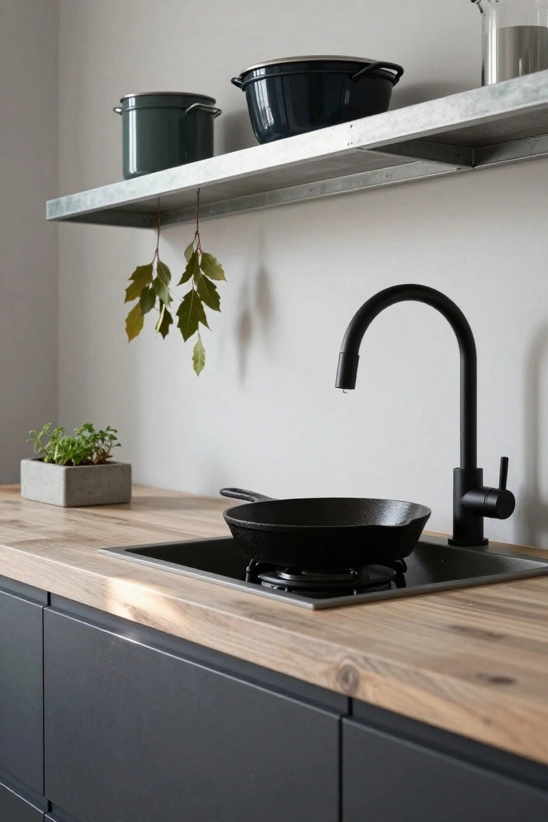 Kitchen counter with wooden surface, black cabinets below, integrated cooktop holding a black cast iron pan, black curved faucet over sink, metal shelf above with green and navy pots, hanging bay leaves, and small potted green herb plant nearby.
