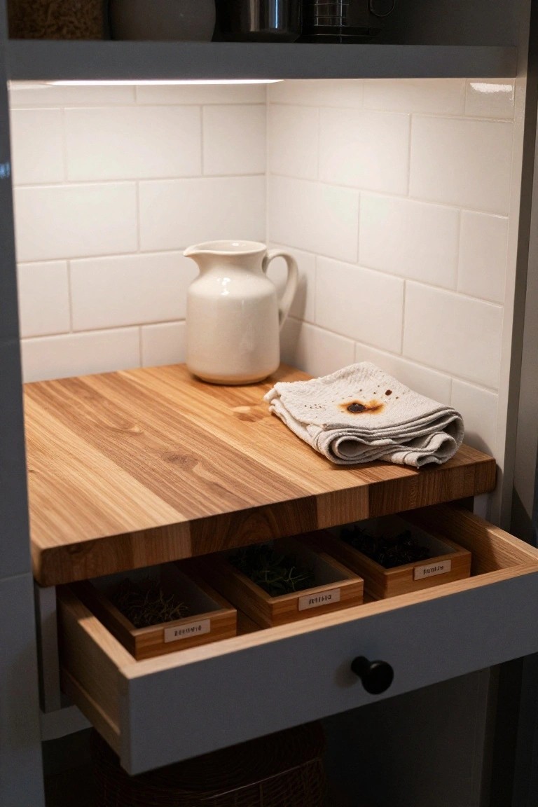 A wooden kitchen counter with open drawers holding labeled wooden herb containers, a white pitcher, and a folded cloth on top.