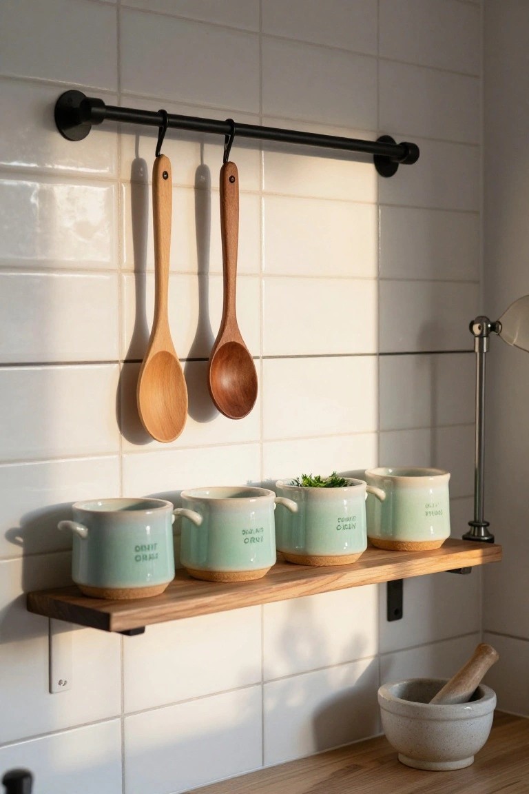 White subway tile kitchen wall with black wall-mounted bar holding two wooden spoons, wooden floating shelf displaying four green ceramic herb pots labeled with names like oregano and dill containing small plants, brass lamp nearby, and stone mortar and pestle on wooden counter below.