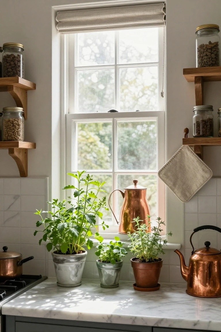Potted herb plants arranged on a marble kitchen counter in front of a white window, with copper pots and glass jars on nearby shelves.