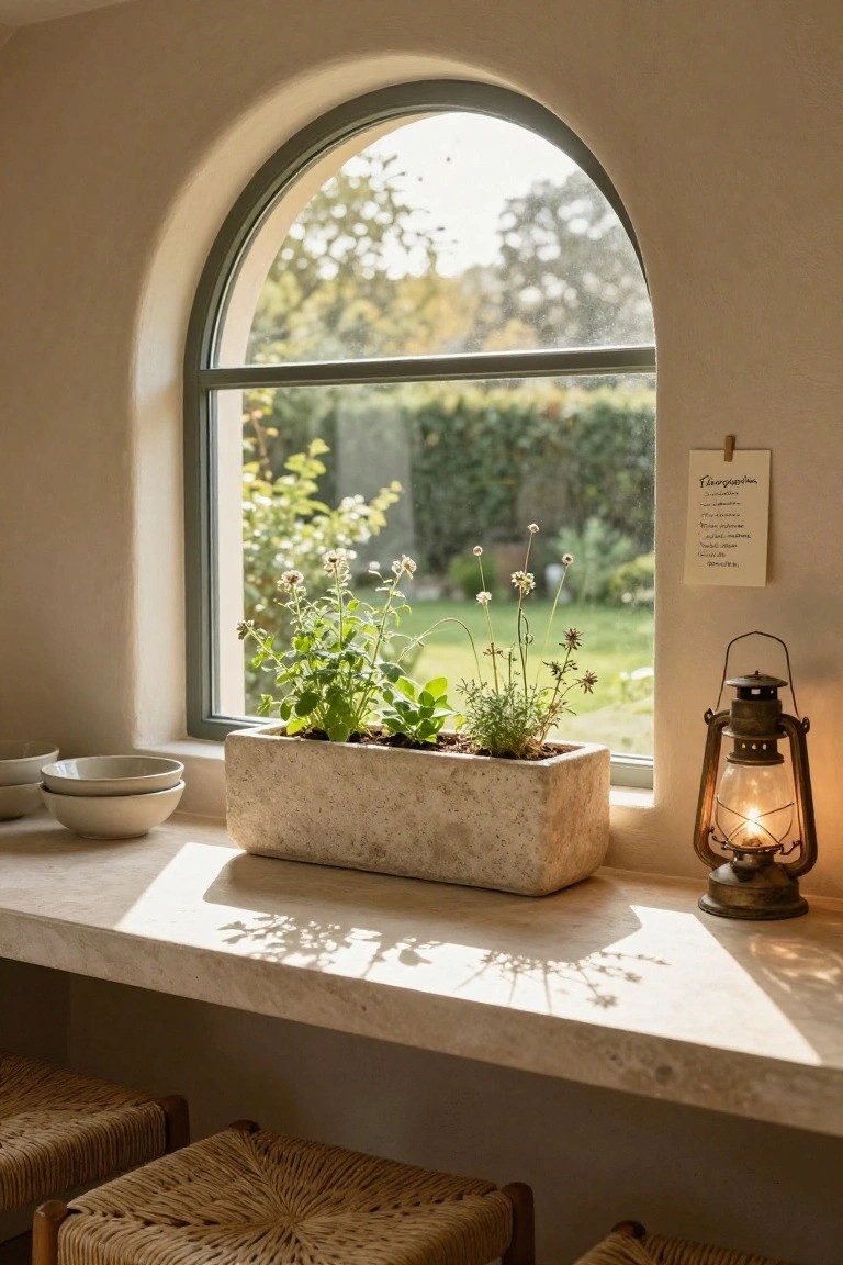 A rectangular stone planter filled with green herbs rests on a wide windowsill under an arched window, with a lit lantern and stacked bowls nearby.