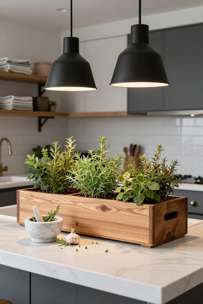 A long wooden planter box filled with assorted green herbs rests on a white marble kitchen counter beneath two black pendant lights.