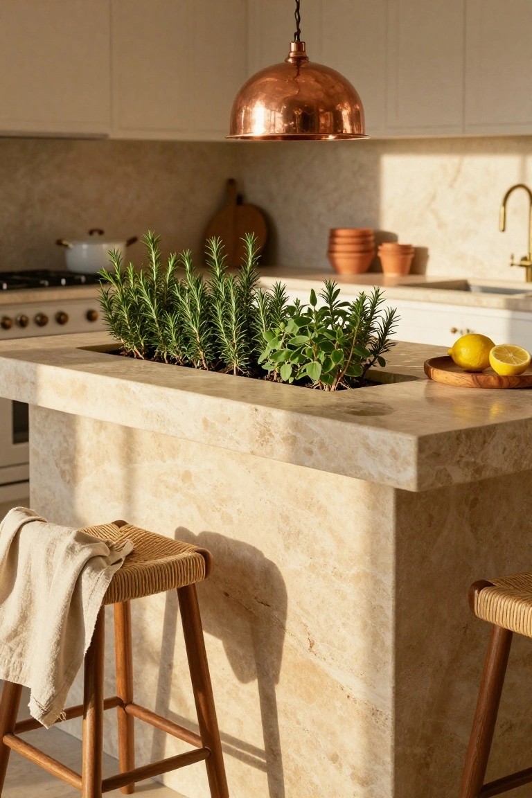 Kitchen island made of beige stone with a built-in rectangular planter containing rosemary and basil plants, wooden stools with linen napkin, lemon slices on a wooden board, white cabinets, terracotta pots, and copper pendant light overhead.