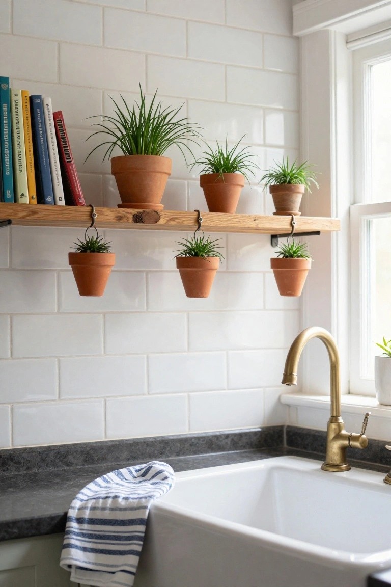 White subway tile kitchen backsplash with wooden shelf holding colorful books and potted green plants, three hanging terracotta pots with trailing plants above a white farmhouse sink and gold brass faucet, blue towel draped on countertop.
