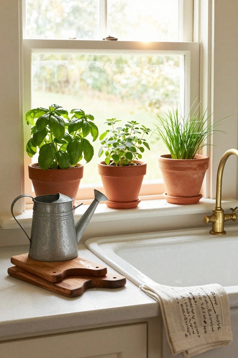 Three potted herbs, watering can, and faucet on a sunny kitchen windowsill.