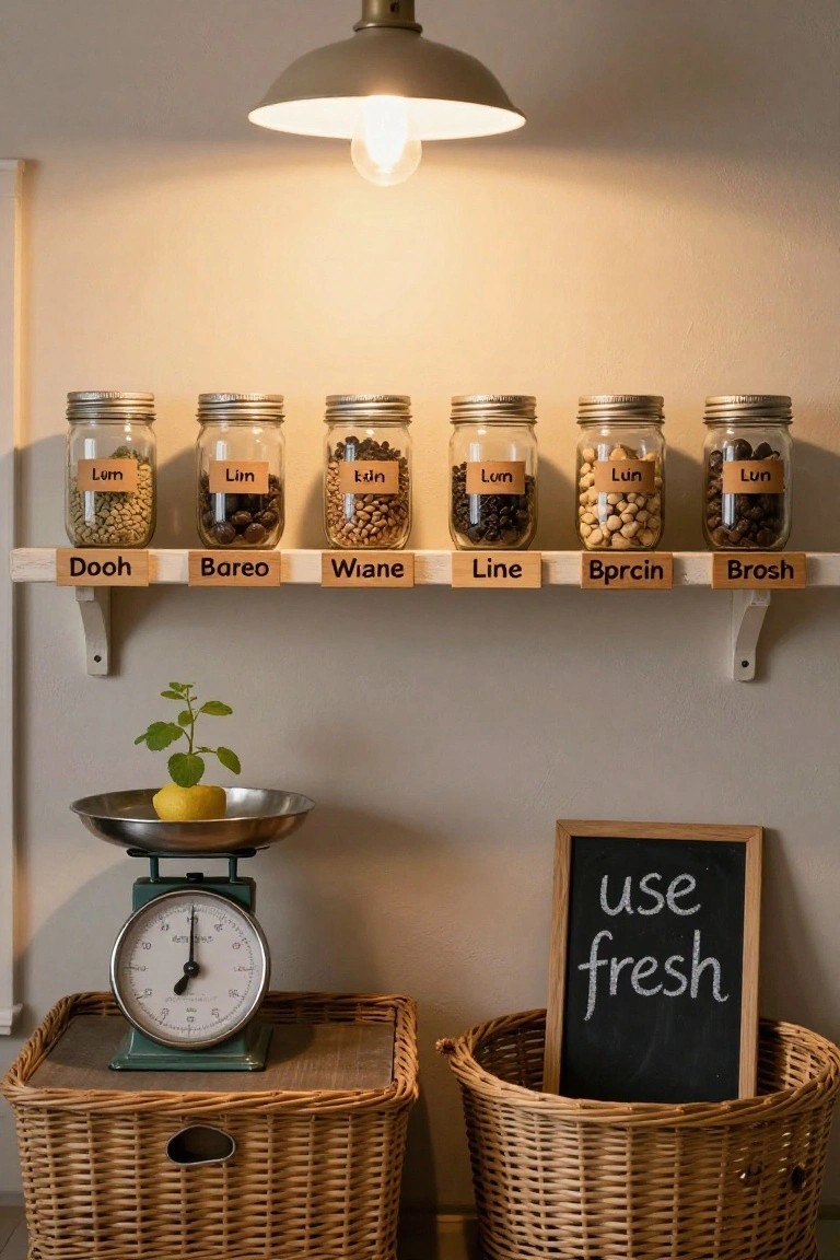 Wooden shelf on a beige wall holding six labeled glass mason jars filled with dried green beans, brown beans, coffee beans, black beans, white beans, and brown beans, with a scale, lemon, small plant, two wicker baskets, and chalkboard sign reading "use fresh" on a kitchen counter below.
