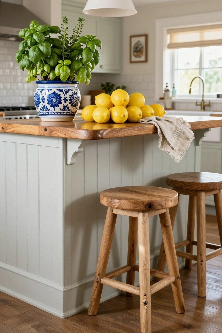 Wooden kitchen island countertop holding a large blue and white porcelain pot with basil plant, pile of yellow lemons, linen cloth, two wooden stools, pale green paneled cabinets, and tiled backsplash in background.