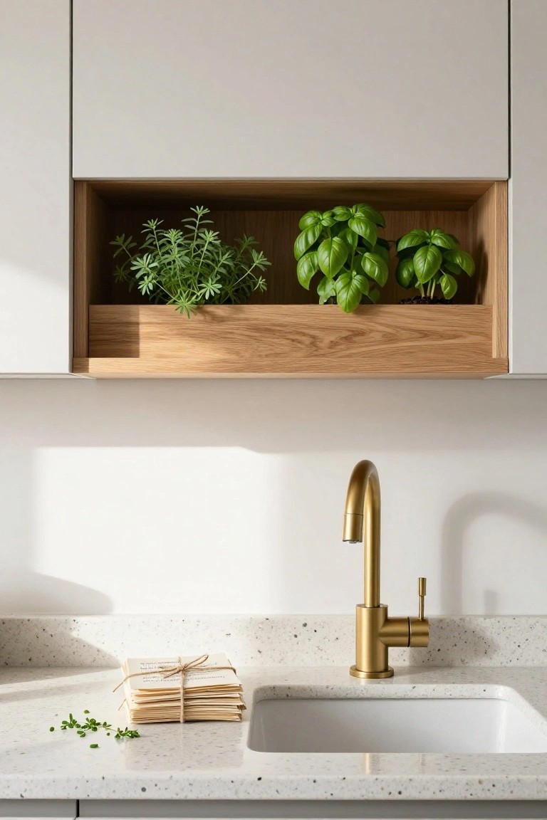 A kitchen sink with a brass faucet and speckled countertop, featuring a recessed wooden shelf above holding potted herb plants.