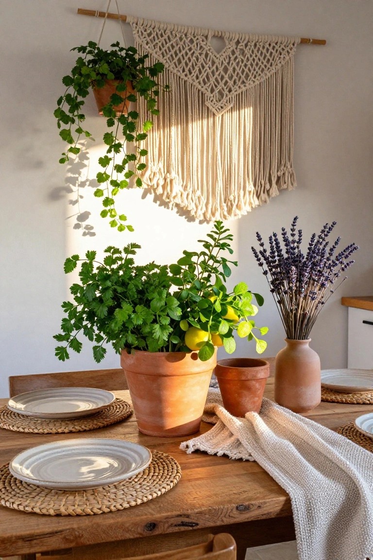 Macrame wall hanging with potted herbs and lavender on wooden table.