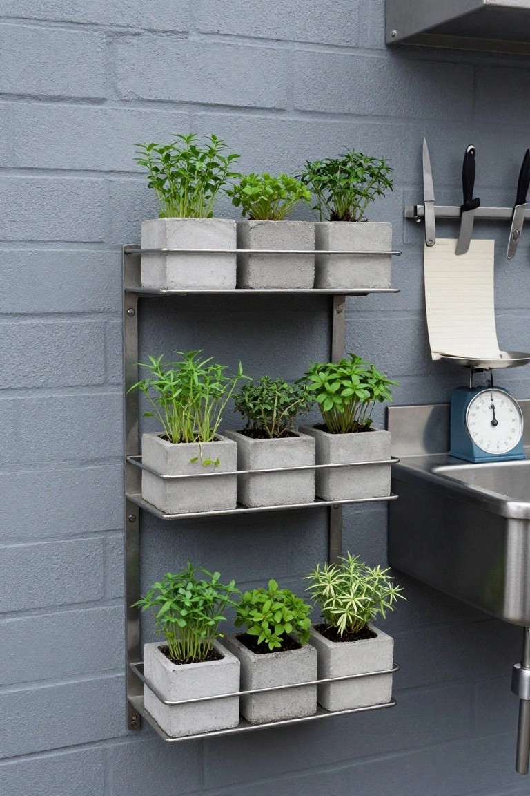 Three-tiered stainless steel wall shelf with square concrete pots containing various green herb plants mounted next to a kitchen sink on a blue brick wall, with a magnetic knife strip and scale nearby.