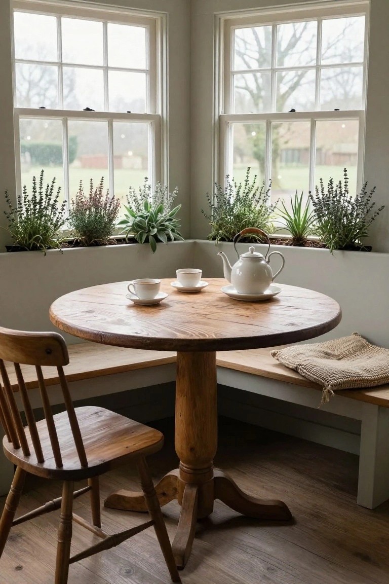 Corner kitchen nook with round wooden table set with white teapot and two cups on saucers, wooden chair and bench, deep windowsills holding potted lavender and green plants, overlooking a grassy yard through large multipane windows.