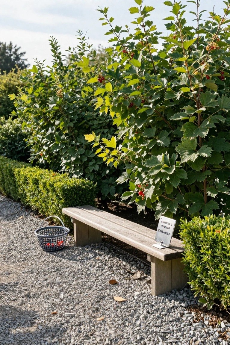 Gravel garden path bordered by low boxwood hedges and viburnum bushes with red berries, next to a wooden bench holding a sign and with a basket of berries on the ground.
