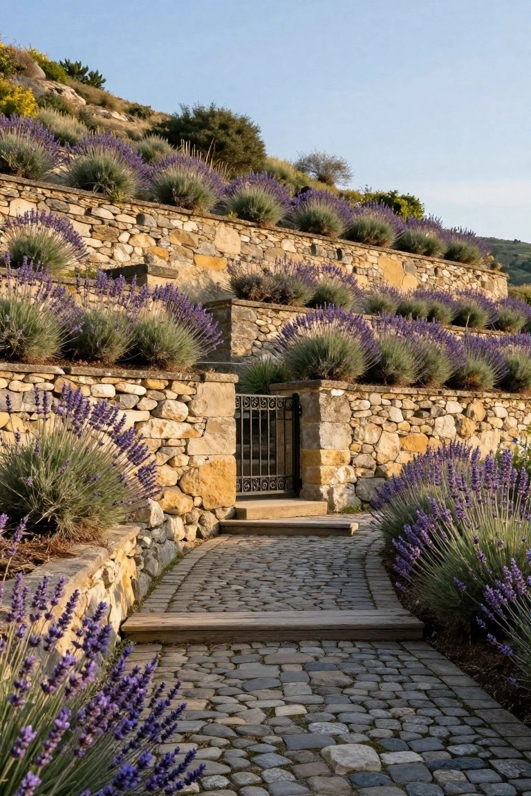 A cobblestone path bordered by lavender plants leads to a black metal gate in a terraced stone wall.