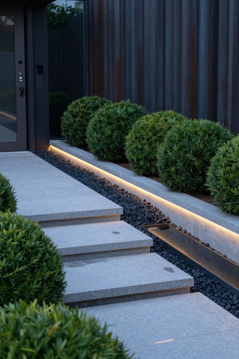 Concrete steps lead to a dark front door beside rounded green shrubs in a raised bed with linear lighting along the gravel edge.