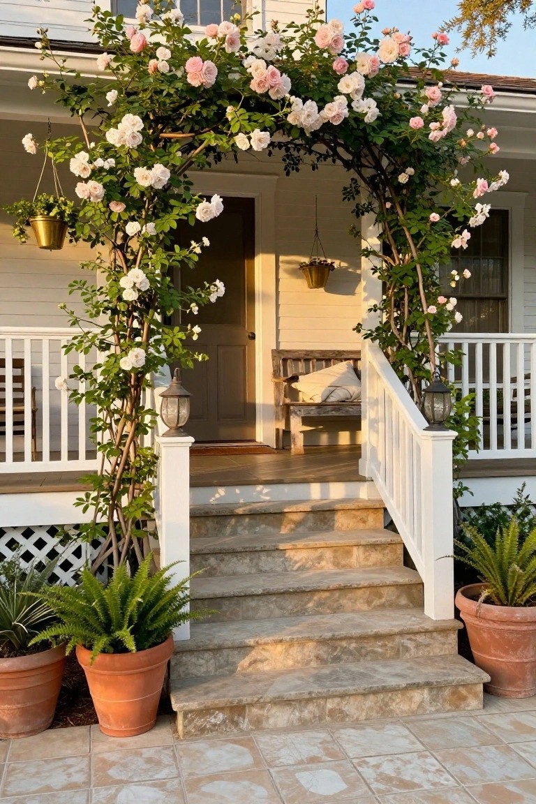 White clapboard house with gray front door, wooden porch bench with white cushions, blooming pink and white climbing roses on wooden arch over stone steps, potted ferns and plants flanking the steps, hanging brass planters, and warm evening light.