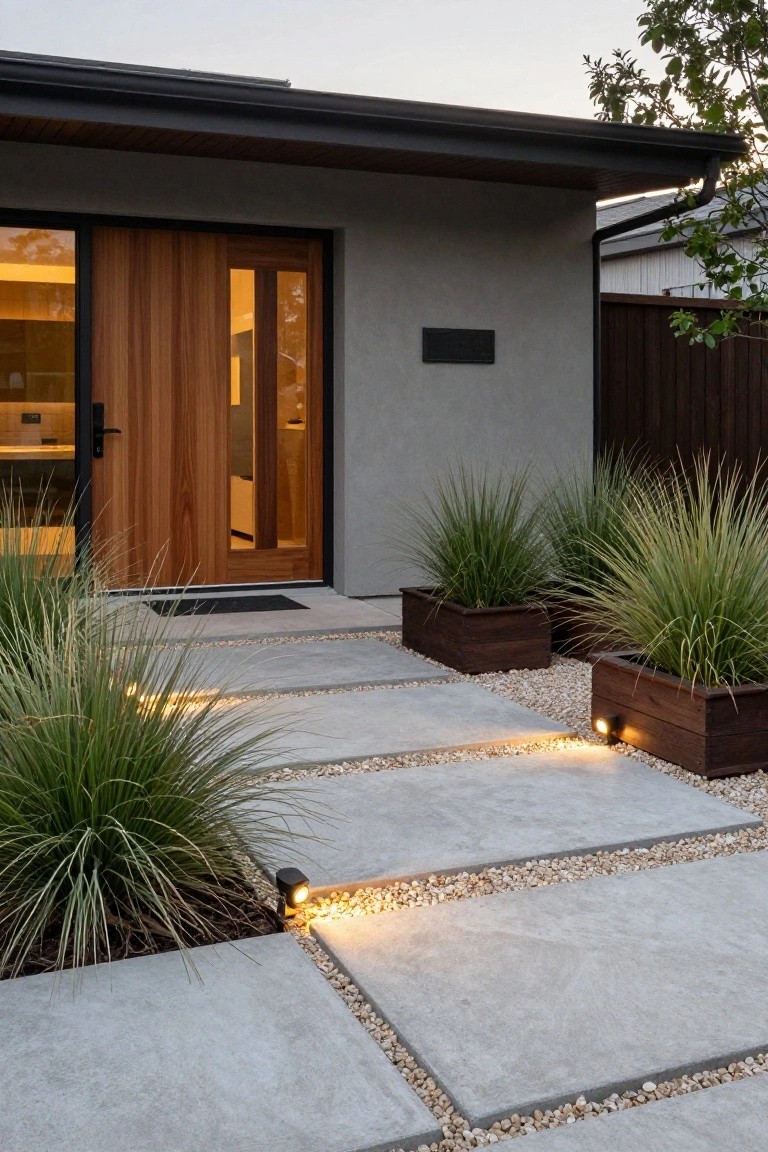 Modern house front entrance with double wooden doors, a pathway of large rectangular concrete slabs in gravel strips, tall grasses in wooden planters on both sides, and low path lights.