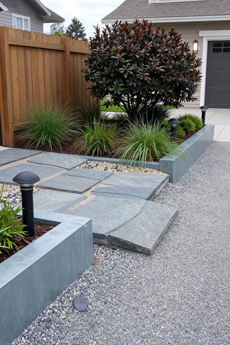 A front yard path of irregular gray stone pavers set in gravel, bordered by raised concrete planters filled with ornamental grasses and a large dark-leafed tree.