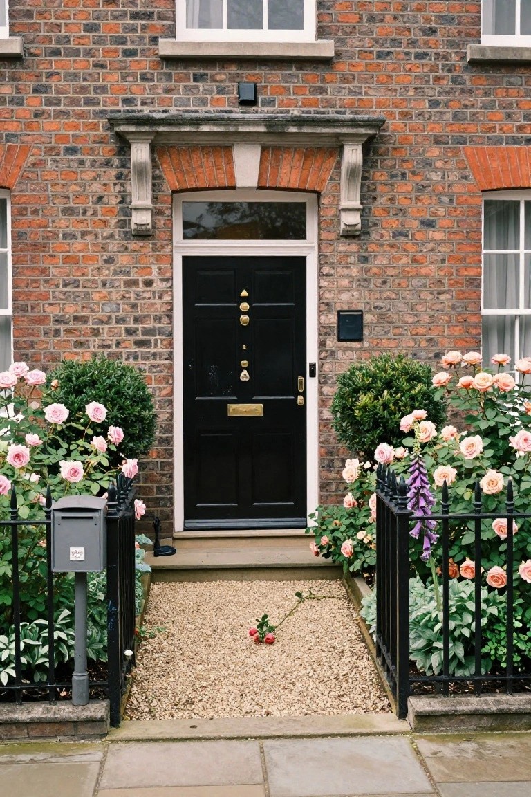 Brick townhouse front with black door and brass knocker, flanked by pink rose bushes and round boxwood shrubs in raised beds along a gravel path, enclosed by black iron fence and gate.
