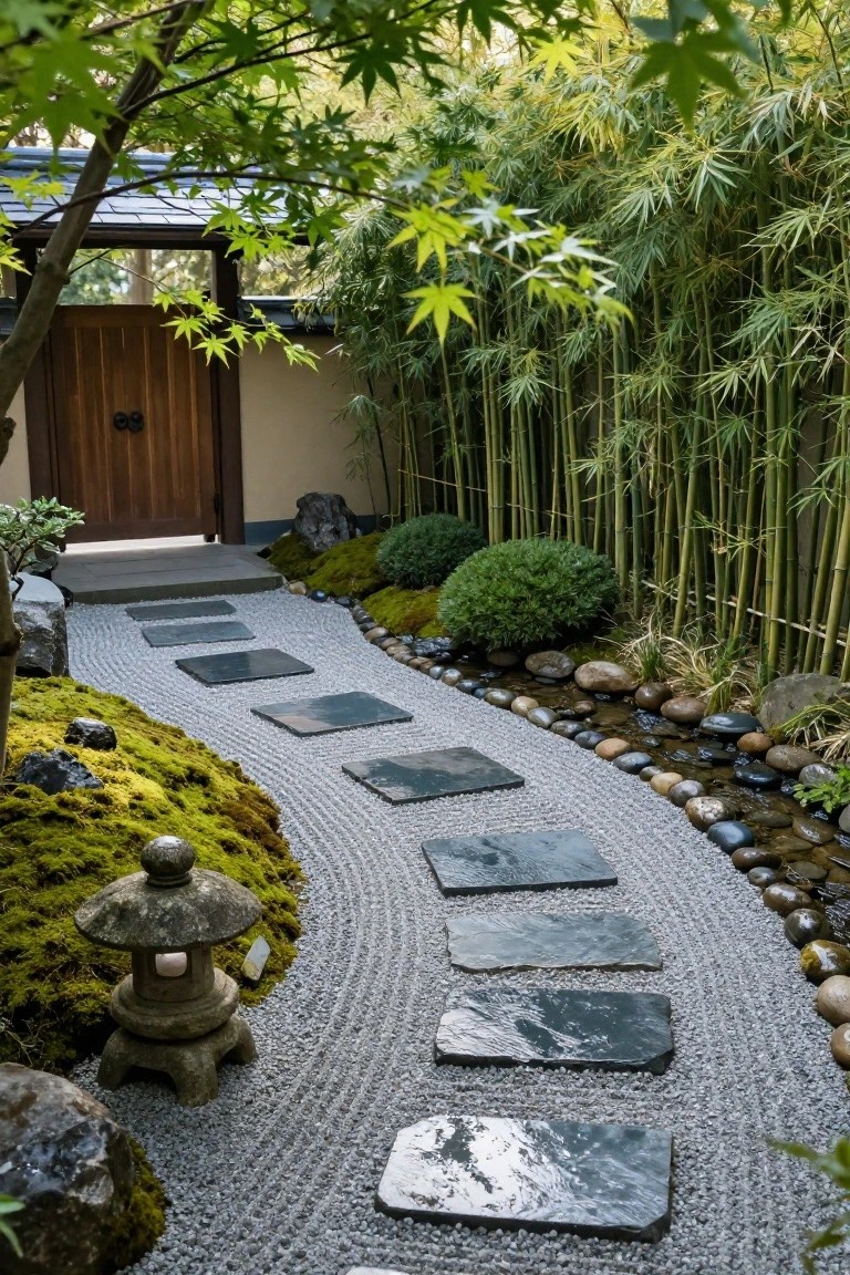 Winding dark slate stepping stones set into raked light gravel path leading to a wooden entry door in a garden with bamboo fence, mossy rocks, lantern, and plants.