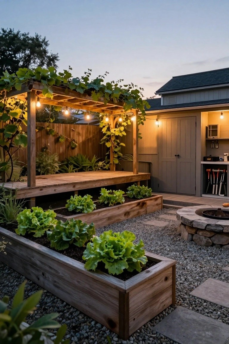 Wooden pergola covered in green climbing vines with string lights overhead, adjacent to raised garden beds with lettuce plants, stone fire pit, gravel ground, and gray wooden shed in a backyard at dusk.