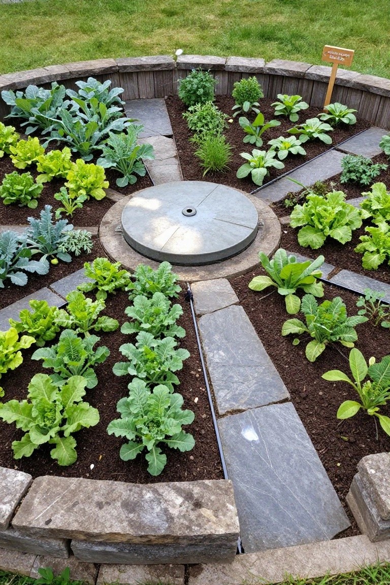 Circular wooden raised garden bed filled with leafy greens like lettuce and kale, surrounded by stone paths and a central gray stone disc, set in a grassy yard.