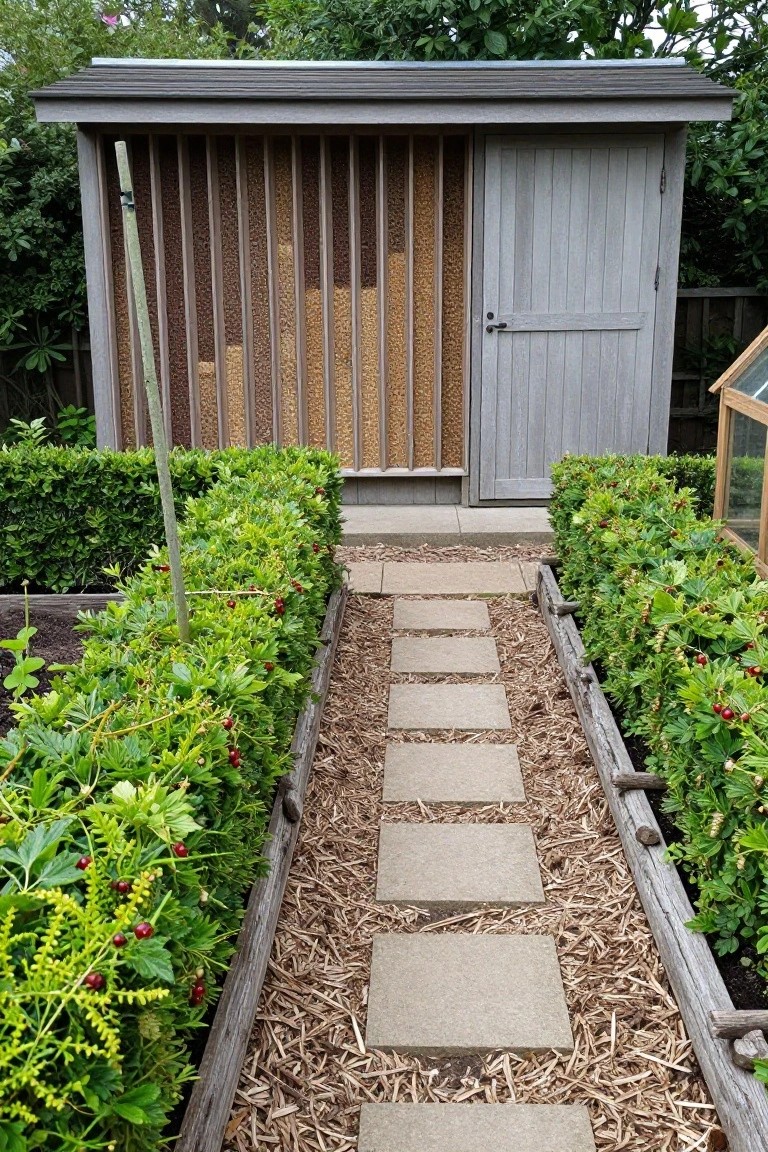 Gray wooden garden shed with slatted walls filled with grain on the left side and a closed door on the right, surrounded by hedges with red berries, a stone slab path through mulched ground between raised beds, and a greenhouse in the background.