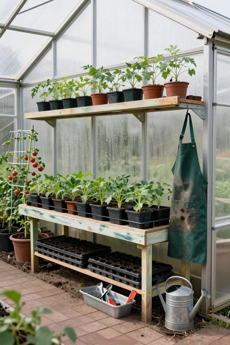 Greenhouse with wooden shelves holding potted plants, a workbench loaded with seedling trays and pots, hanging apron, watering can, and tools on brick paving outside.