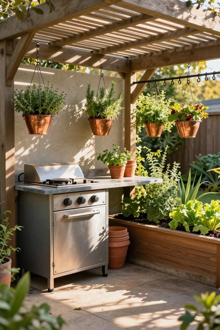 Built-in stainless steel grill on a gray countertop under a wooden pergola, with hanging copper pots of herbs, potted plants on the counter and in raised wooden beds nearby.