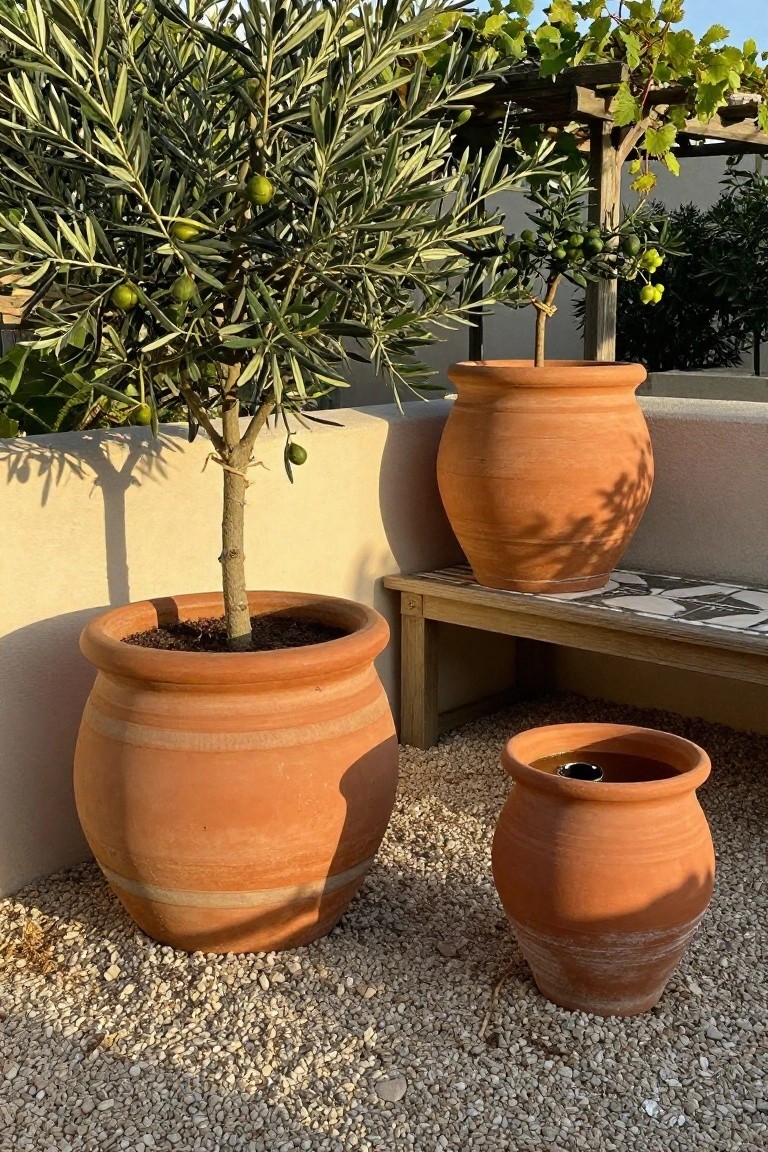 Young olive trees in large terracotta pots arranged on gravel ground near a wooden bench, white wall, and pergola with vines.