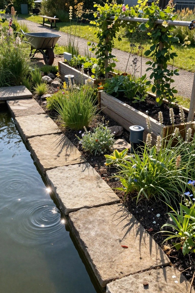 A small backyard pond with large irregular stone slabs along one edge, bordered by raised wooden planters filled with various plants and soil, grasses, rocks, and a wheelbarrow nearby on a gravel path.