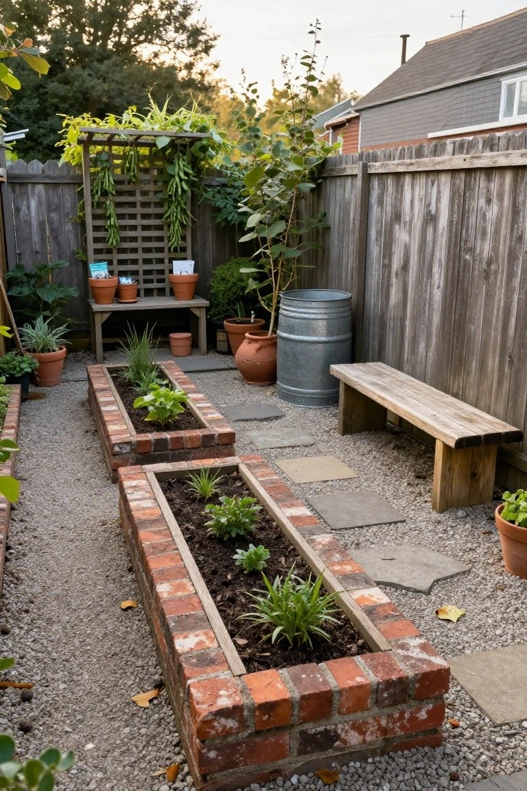 Small backyard garden with two rectangular raised beds built from red bricks containing young plants, wooden trellis draped with bean pods and vines, assorted potted plants, metal barrel, wooden bench, gravel ground with stone pavers, and wooden fence.