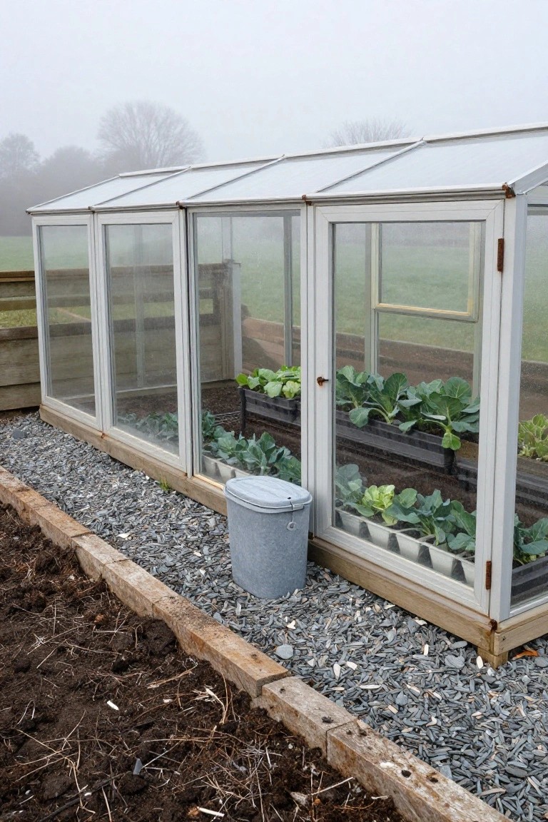 A row of four glass-paneled cold frame structures containing young brassica vegetable plants, positioned on a gravel path next to wooden raised garden beds in a misty outdoor yard.